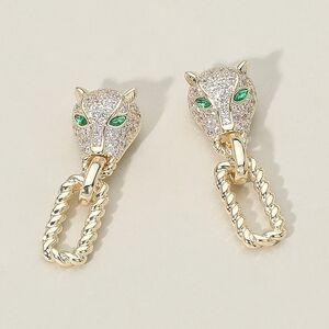 14K Gold Panther Head Pendant Dangle Earrings Link CZ Rhinestone Jewelry Leopard